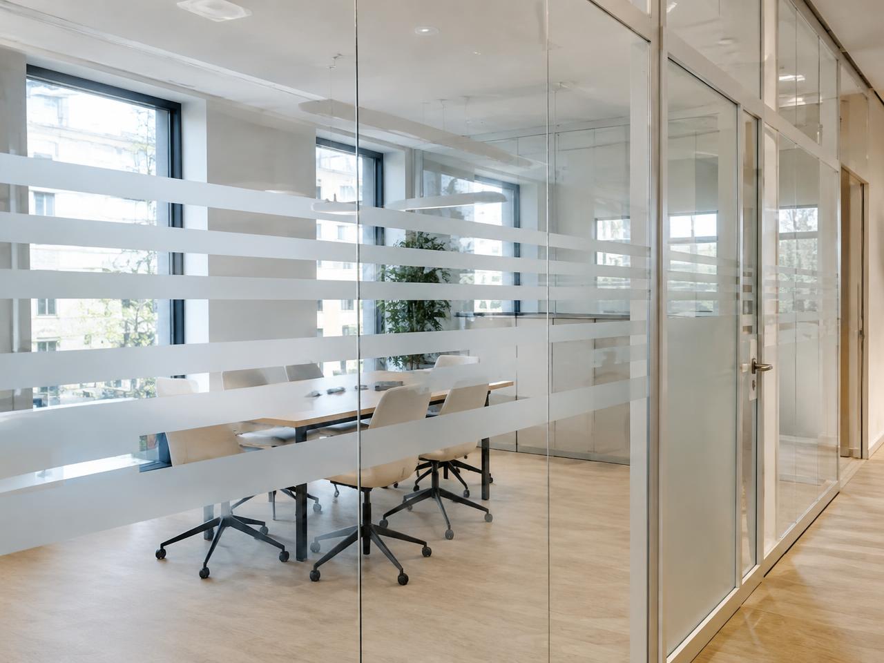 Vergaderruimte met matglas strepen op de glazen wand